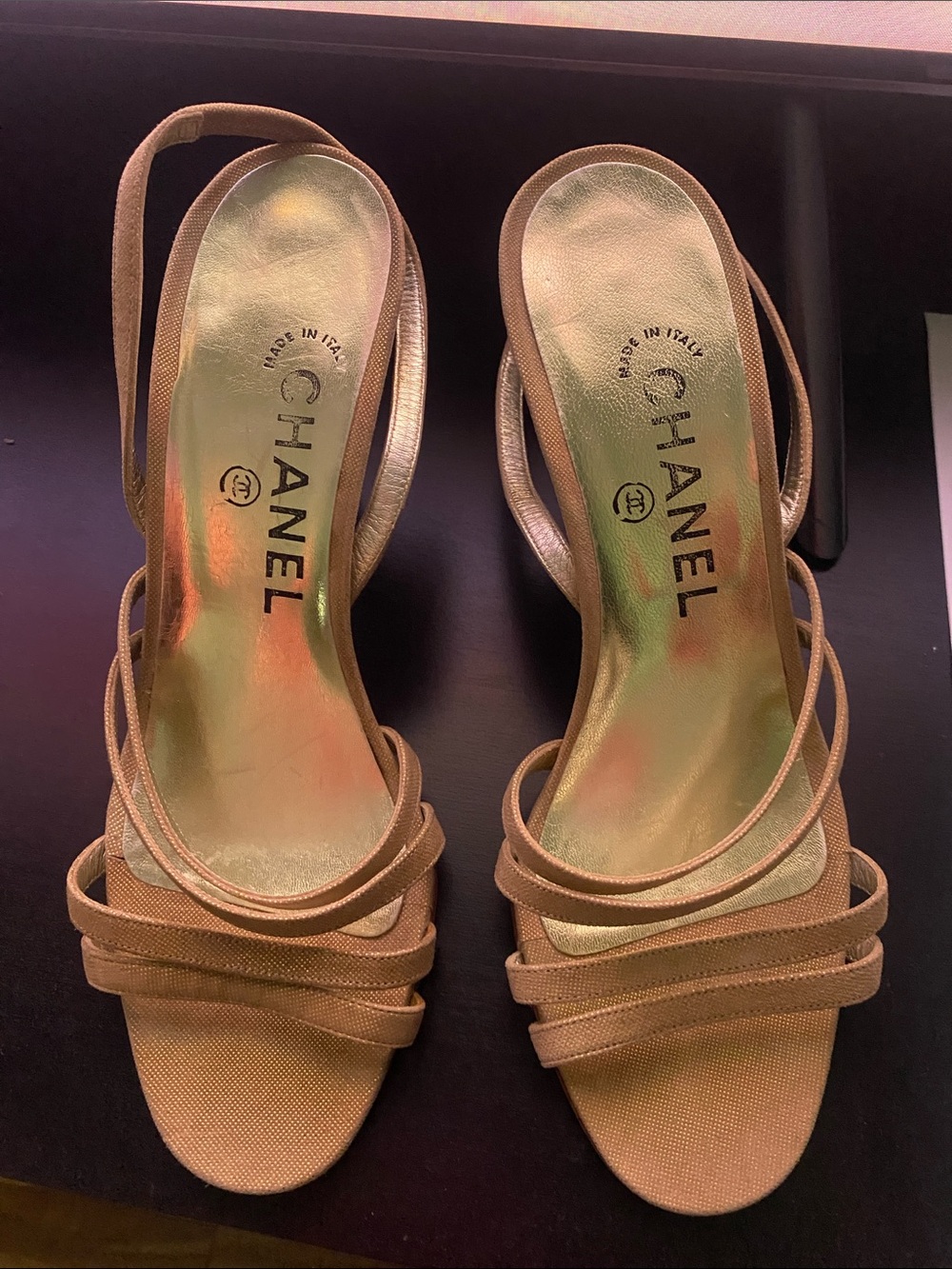 CHANEL Metallic Gold Multi-Strap Slingback Heels